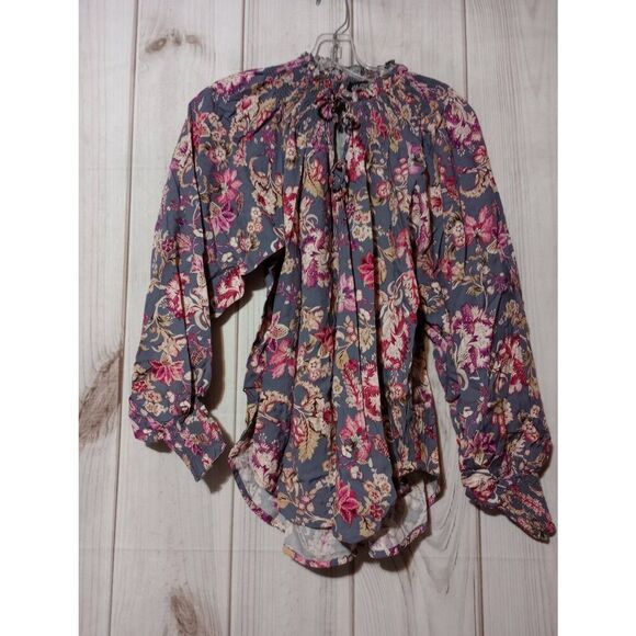 Dear John Tops - Dear John Shirt Ladies Extra Small Gray Pink Floral Peasant Balloon Sleeve